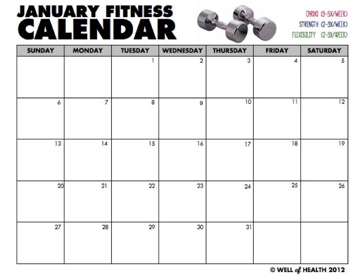 Printable Fitness Calendar Blank January Workout Calendar Printable