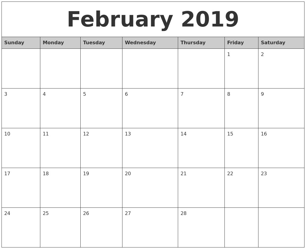 february 2019 monthly calendar printable