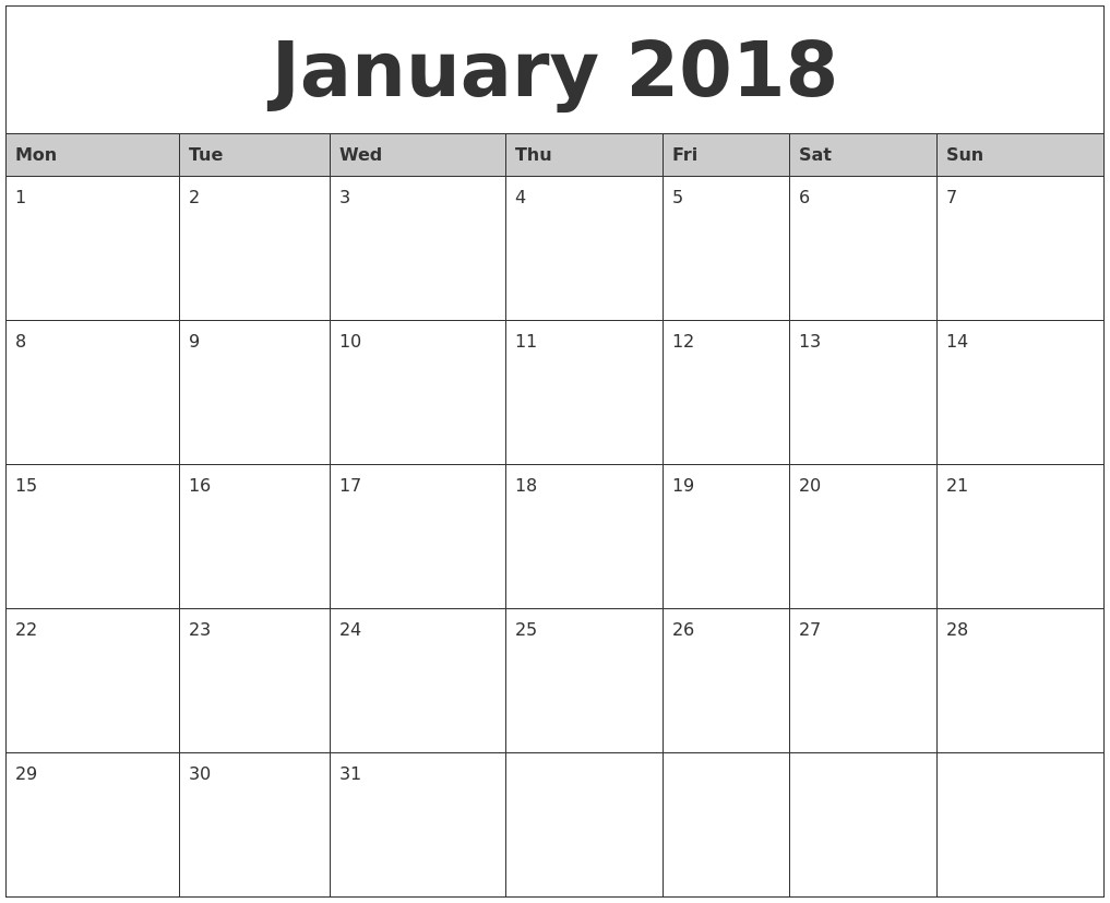 Printable Montly Calendar January 2018 Monthly Calendar Printable