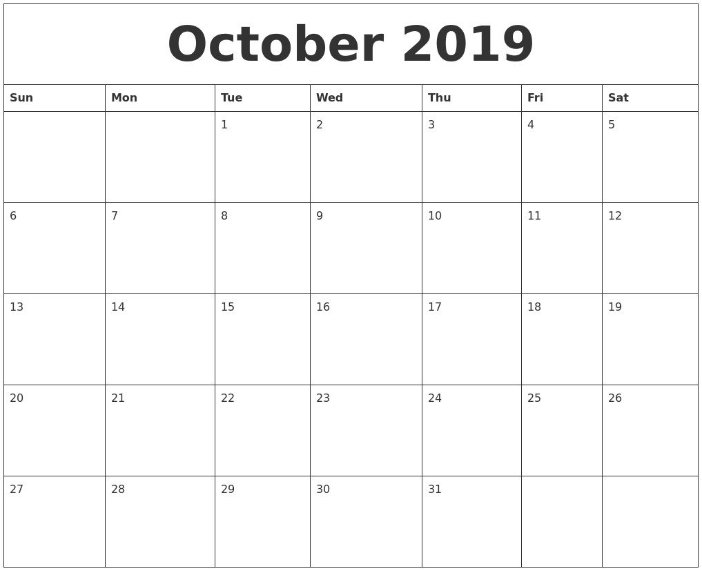 Printable October 2019 Calendar September 2019 Calendar Pages