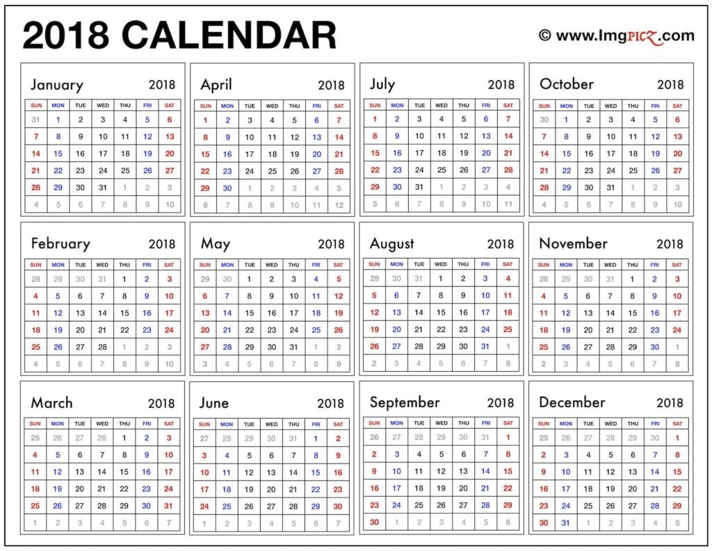 Printable One Year Calendar Year at A Glance Printable Calendar 2018