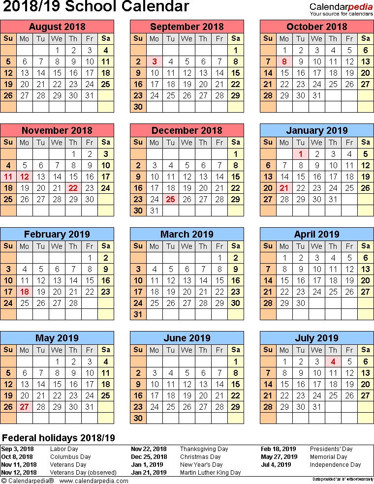 Calendar 2018-19 Template from www.bizzieme.com