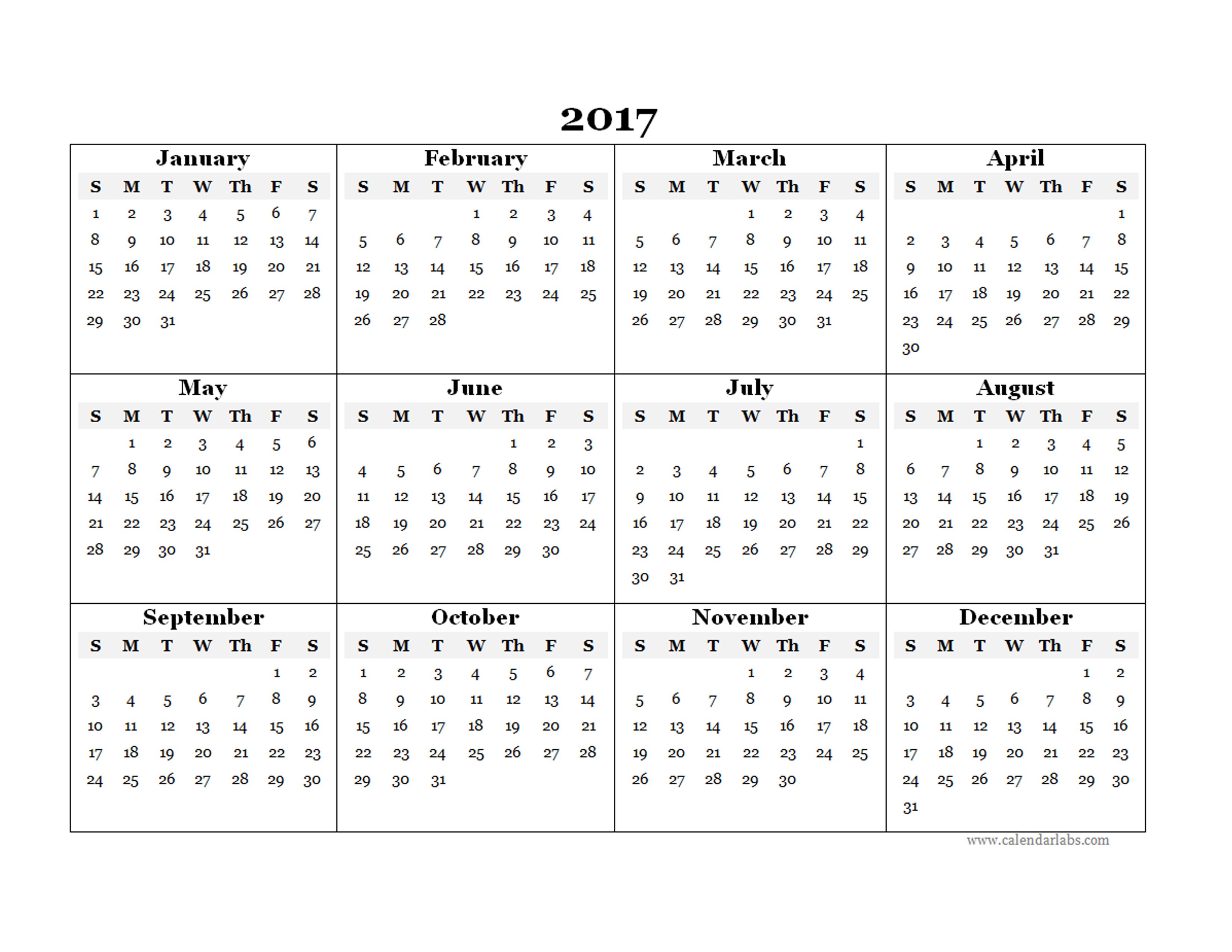 yearly calendar template 2017