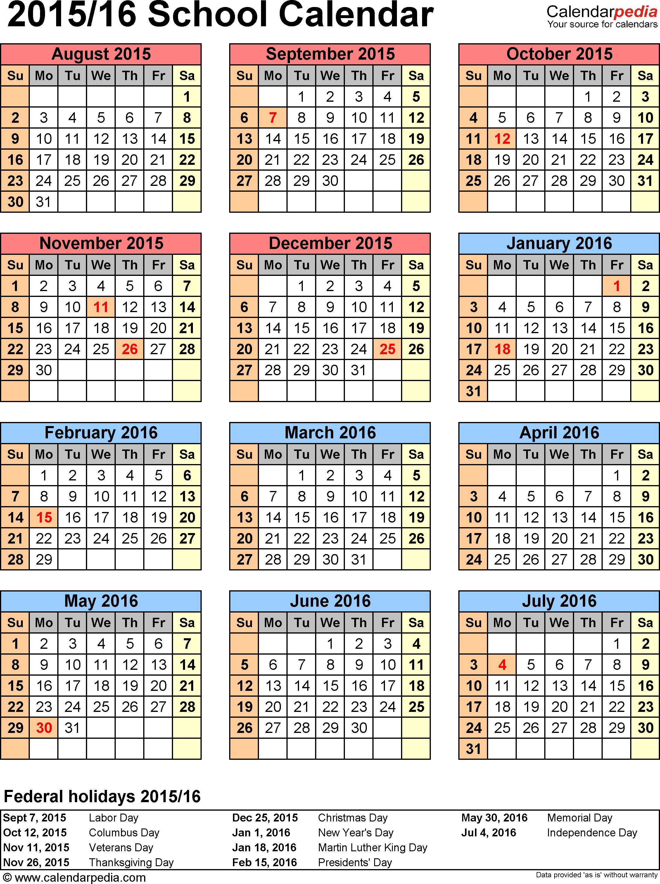 2016-2017 Academic Calendar Template from www.bizzieme.com