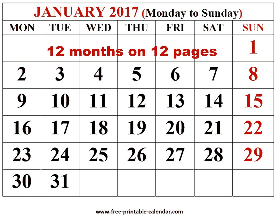 12 Month Calendar Printable Free Printable Calendar 2017 for Free 12 Month