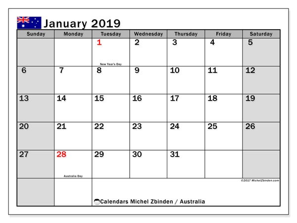calendar january 2019 australia
