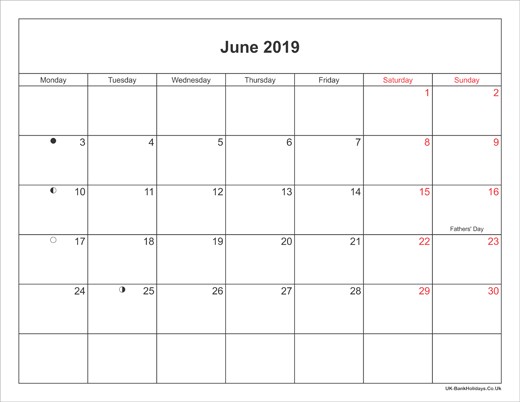 june 2019 calendar with holidays 1819