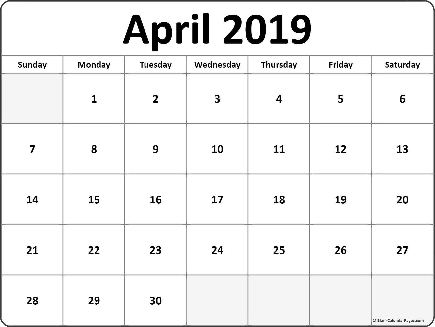 Calendar April 2019 Printable April 2019 Free Printable Blank Calendar Collection