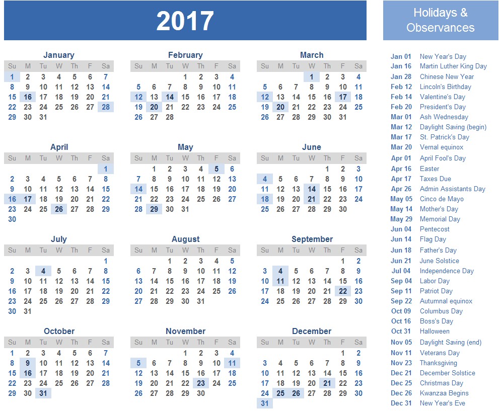 2017 Calendar With Holidays Word