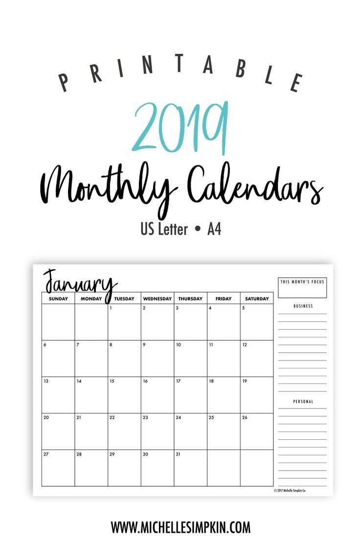 Monthly 2019 Calendar Printable 2019 Calendar 2019 Monthly Calendar Printable Calendar