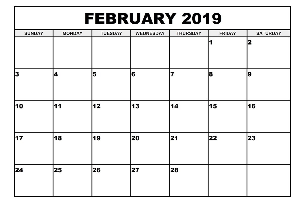 Printable Blank Calendars 2019 February 2019 Calendar