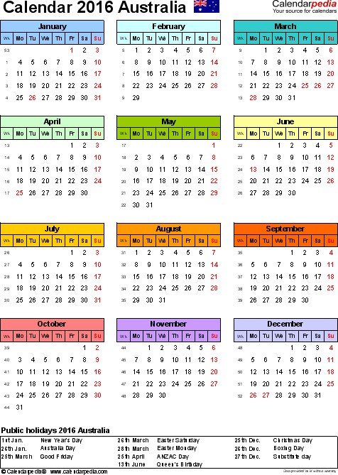 australia calendar 2016 excel templates
