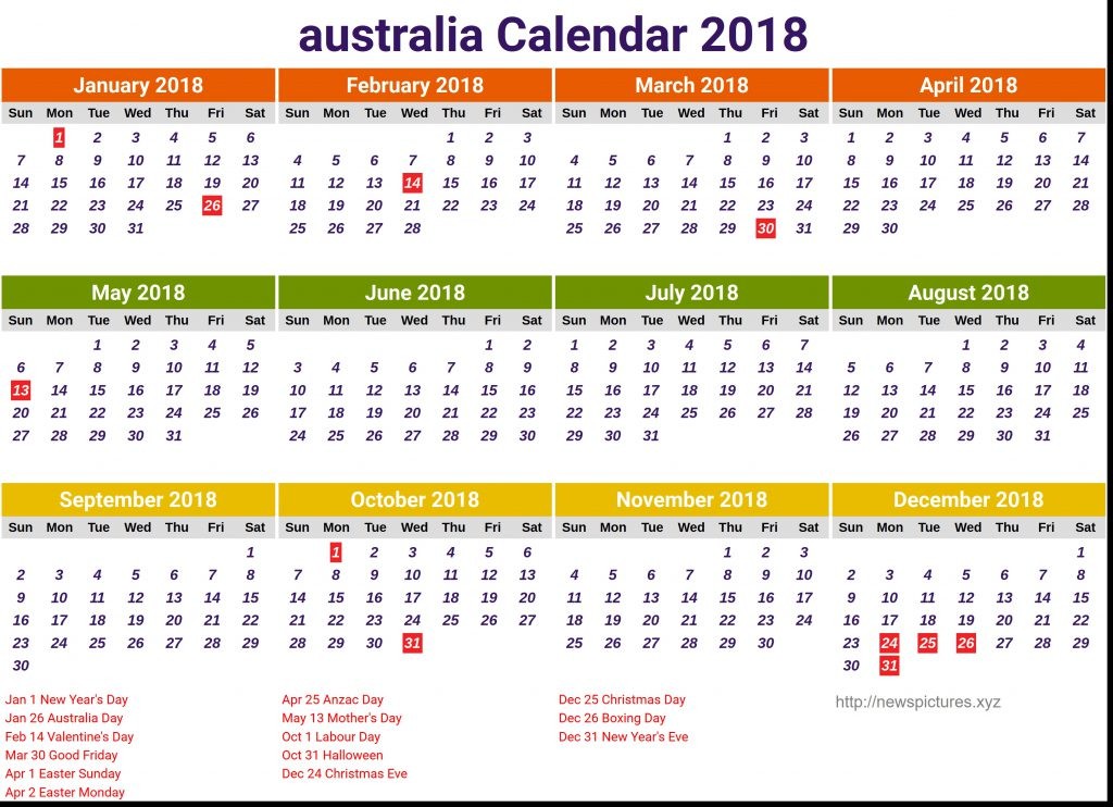 australian calendar 2018 printable