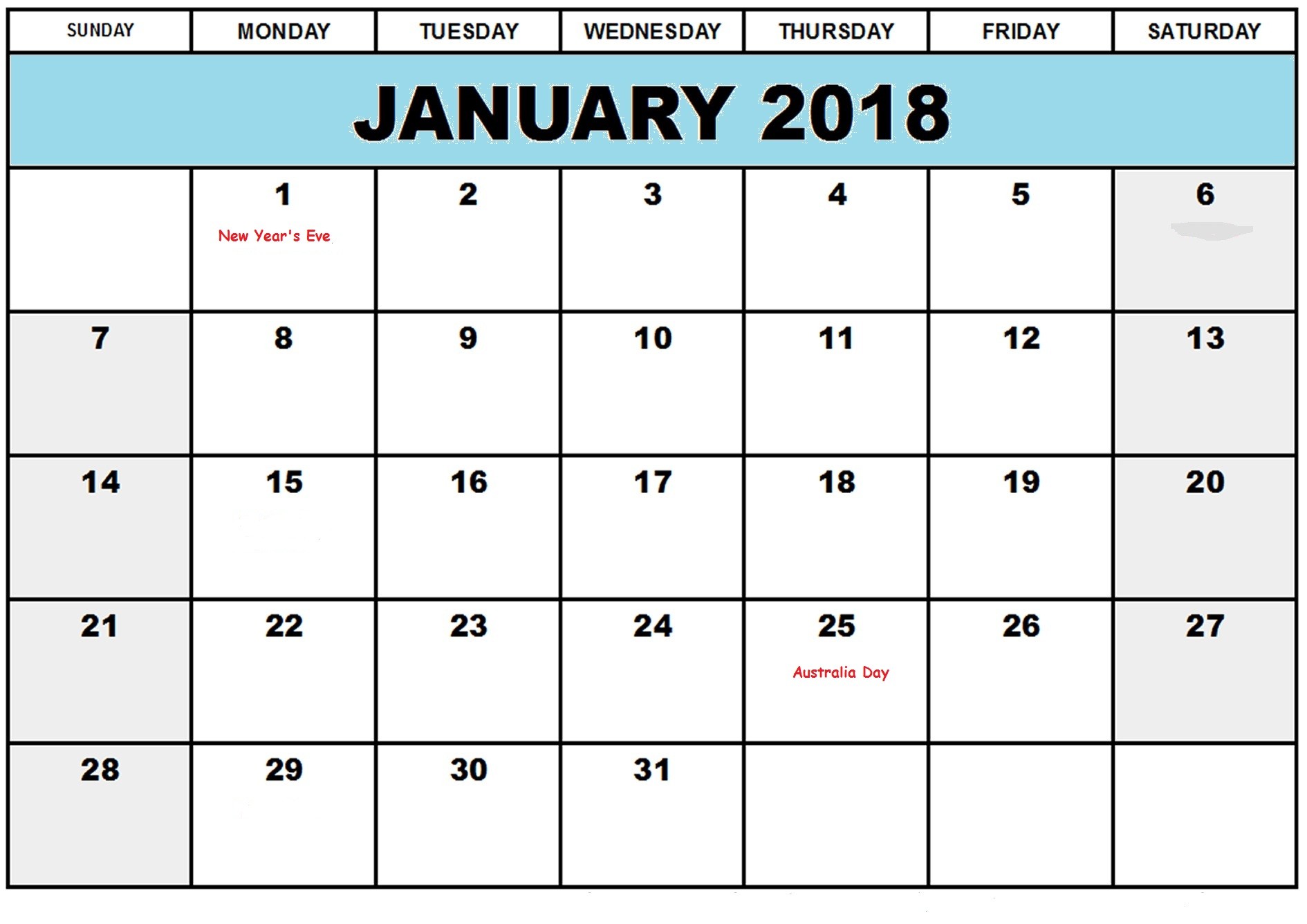 january 2018 calendar australia