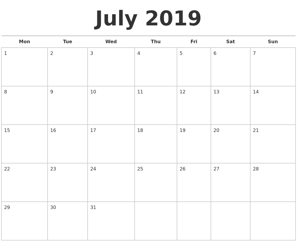 Printable Calendar July 2019 July 2019 Calendars Free