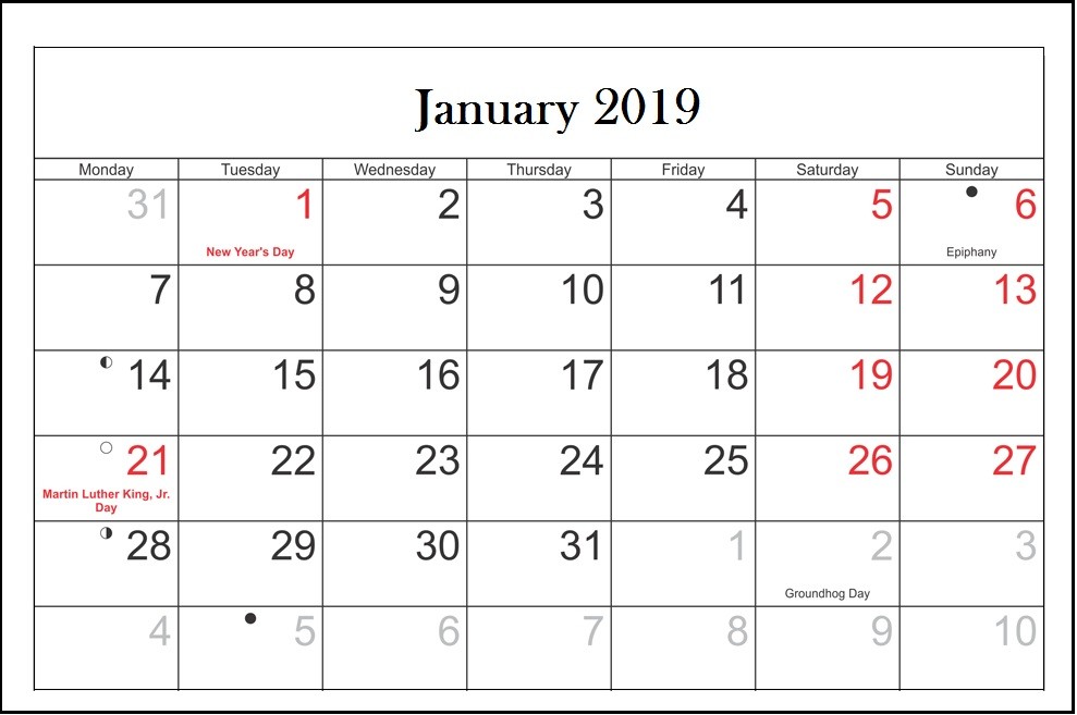 printable january 2019 calendar