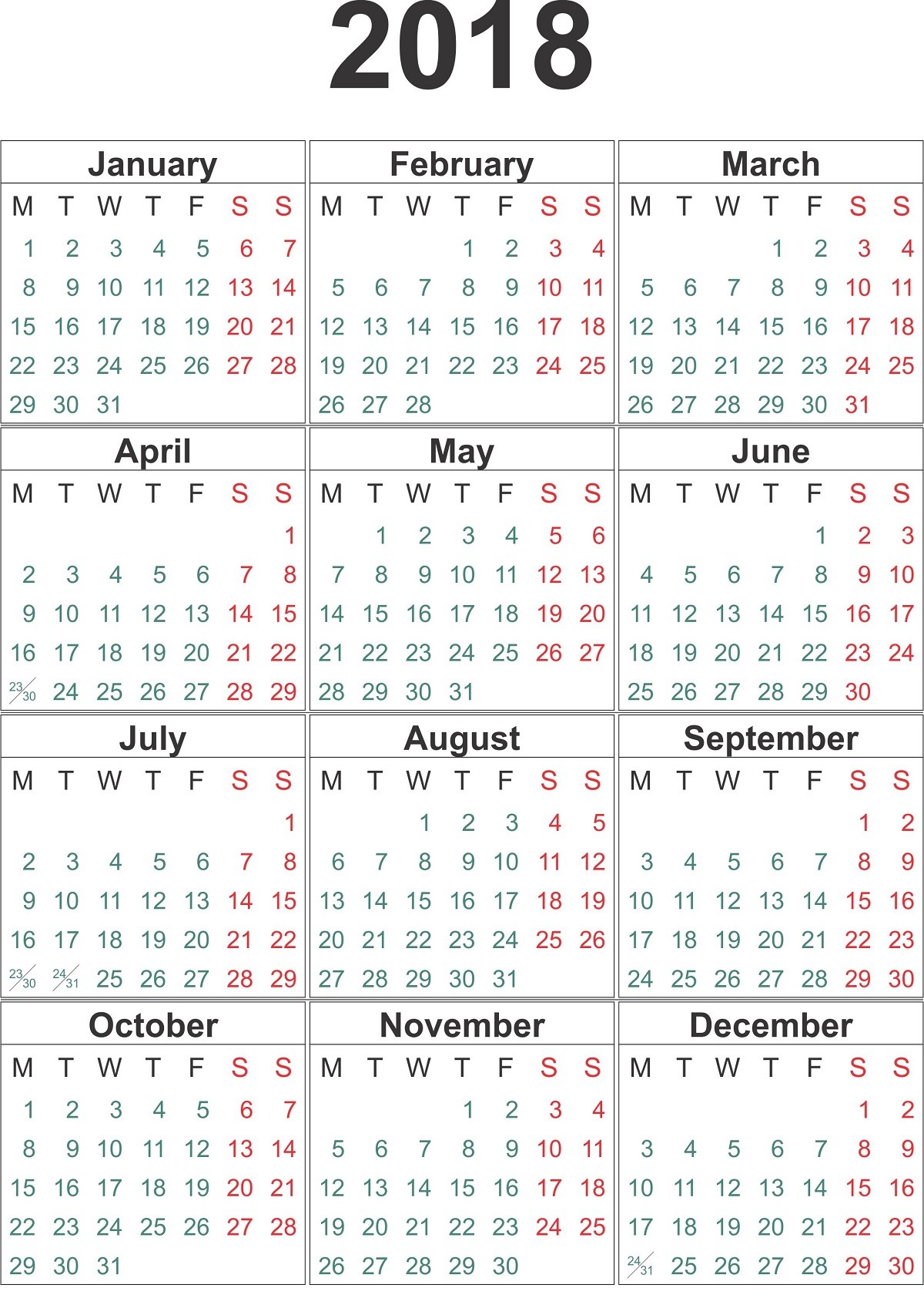 2018 printable calendar year free