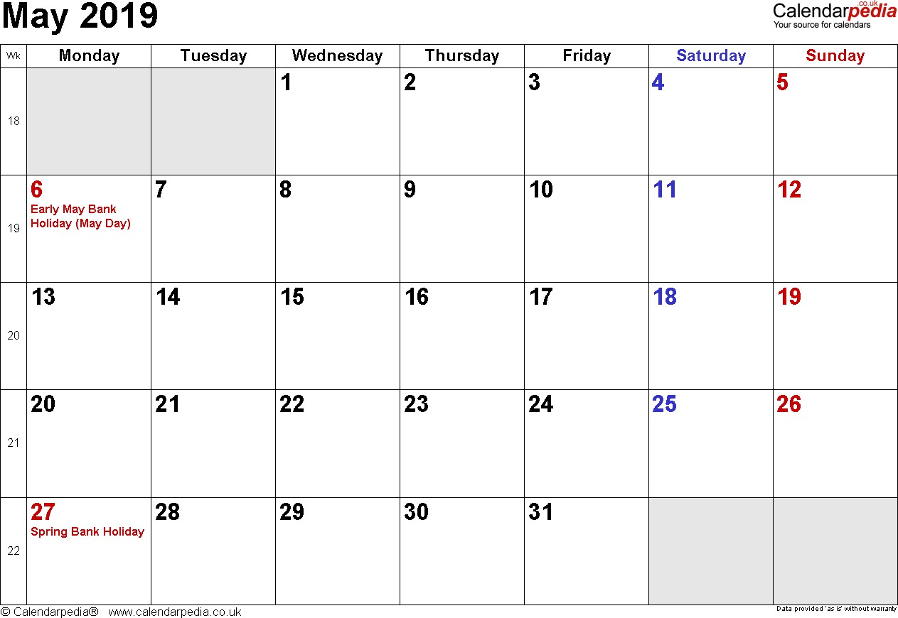 Printable Holiday Calendar 2019 May 2019 Calendar with Holidays