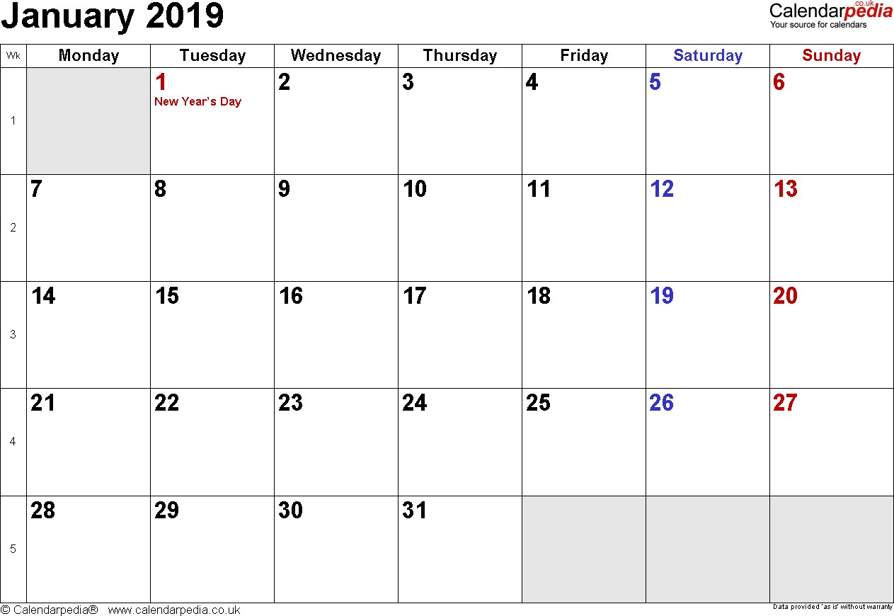 calendar january 2019