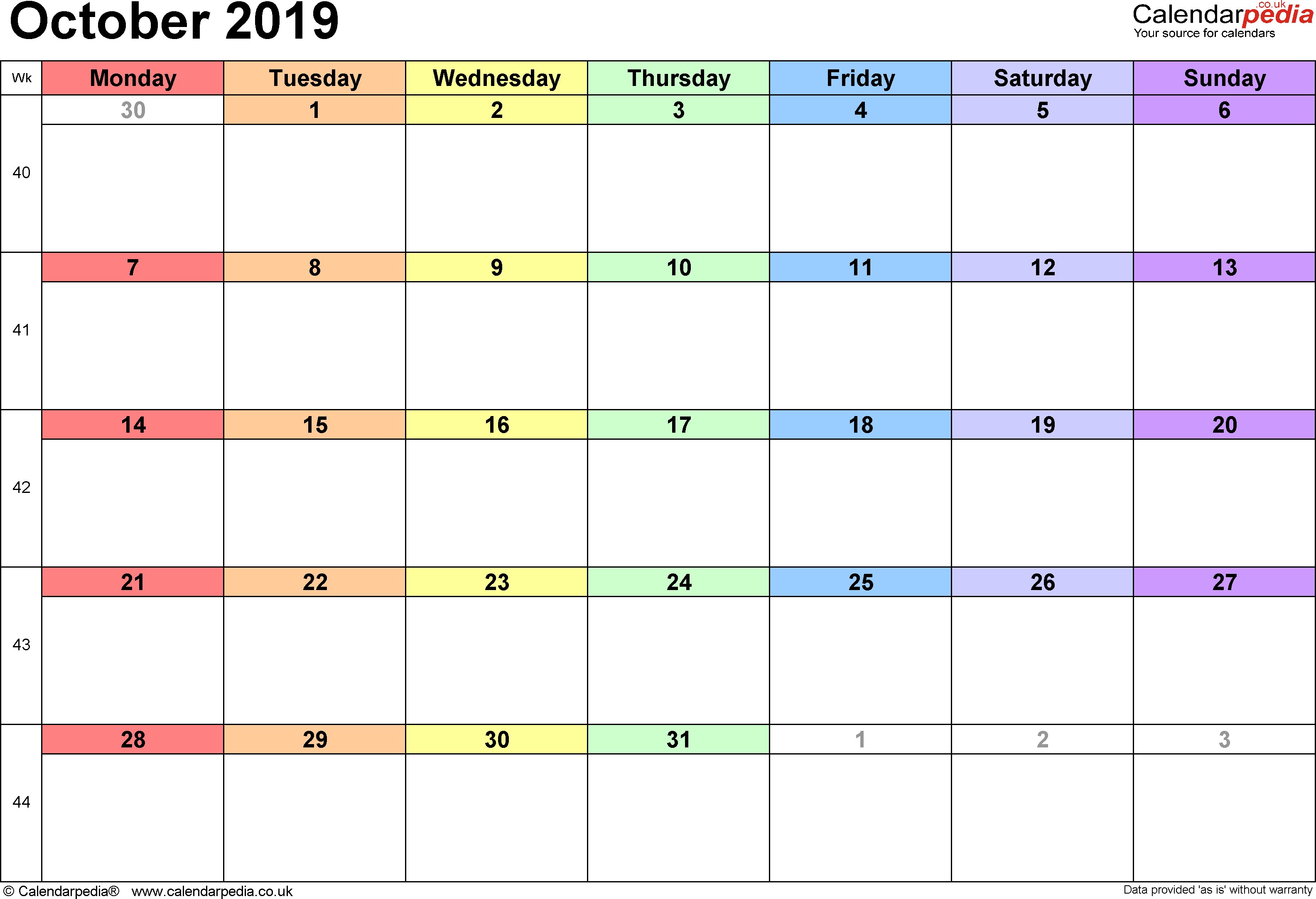 calendar october 2019