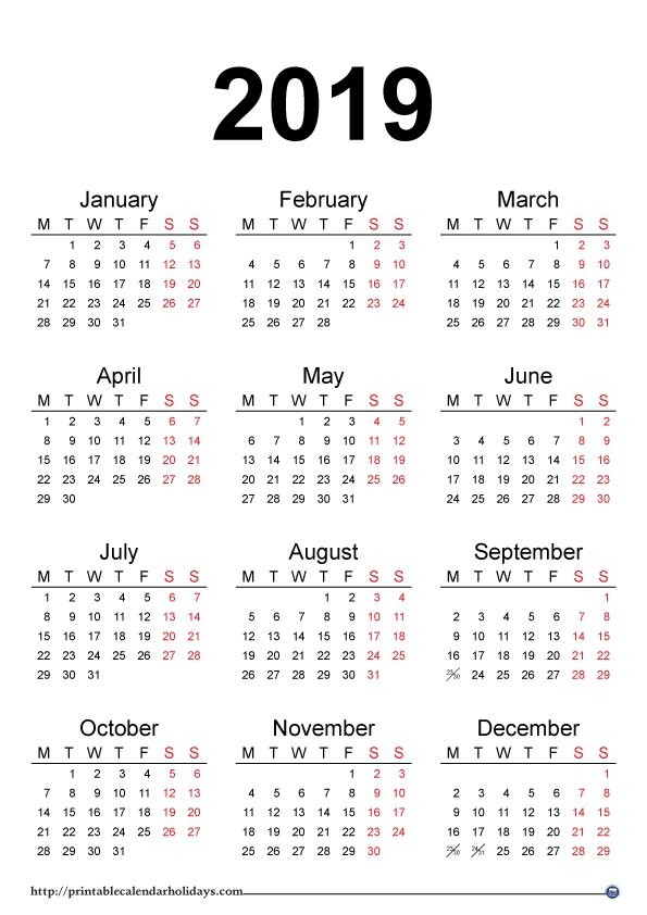 free printable 2019 calendar with holidays