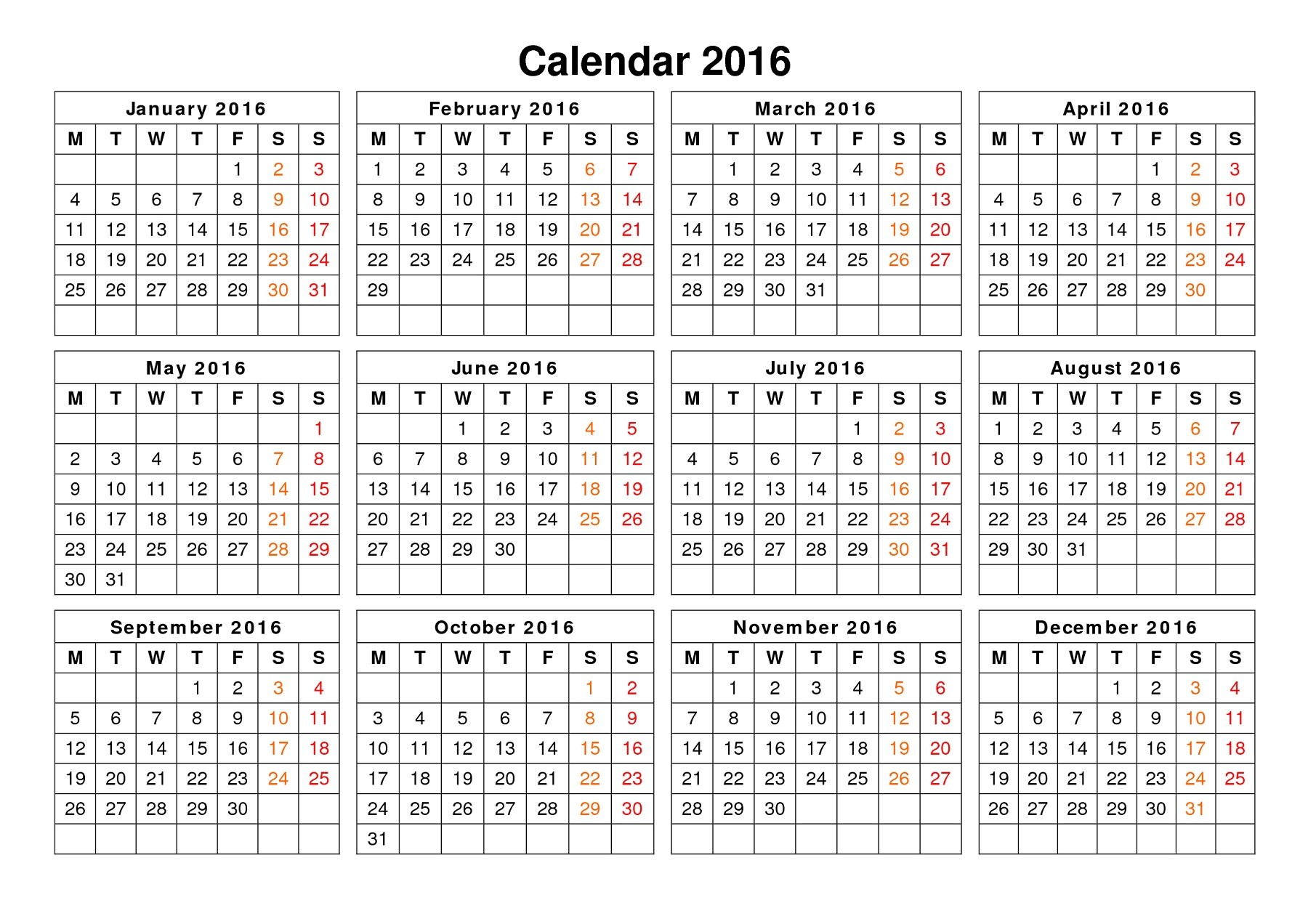 2016 calendar printable one page