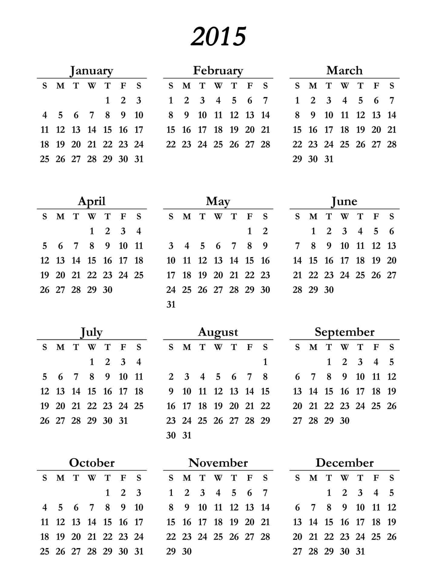 printable 2015 calendar on one page free