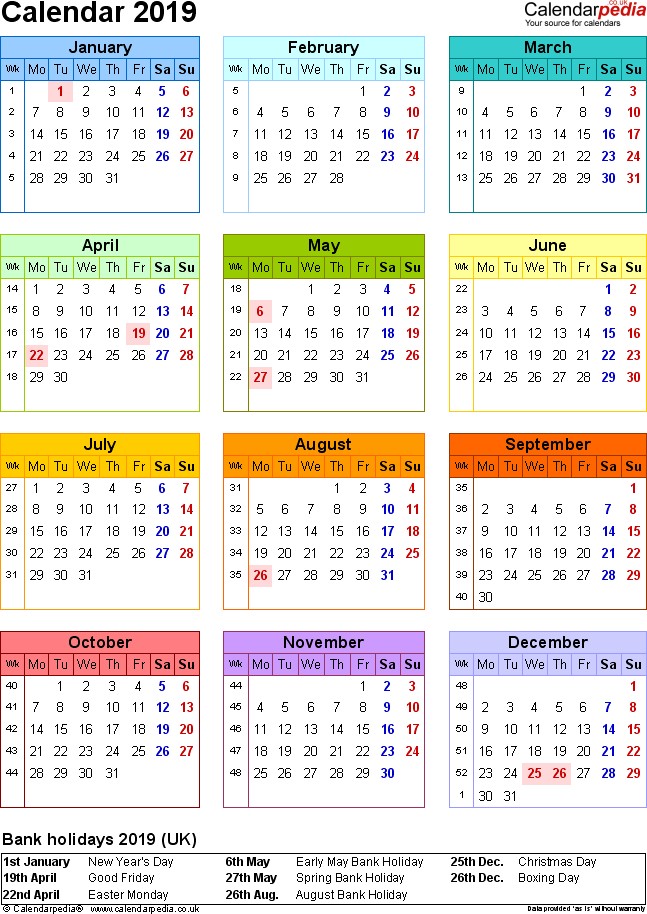 calendar 2019 excel templates