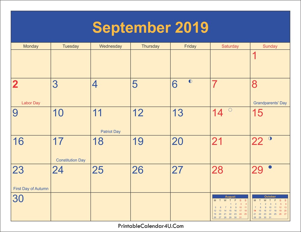 september 2019 calendar printable holidays
