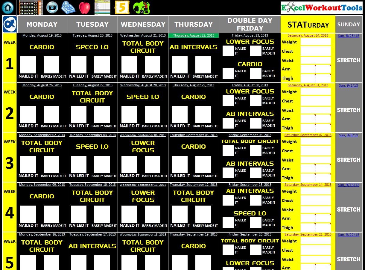T25 Printable Calendar Excel Spreadsheet Workout Tracker tool & Nut...