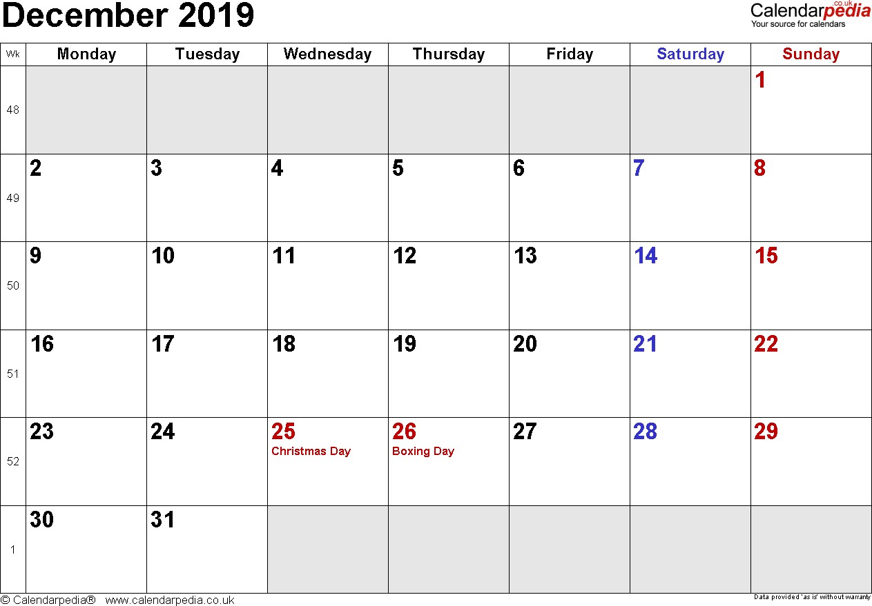 calendar december 2019