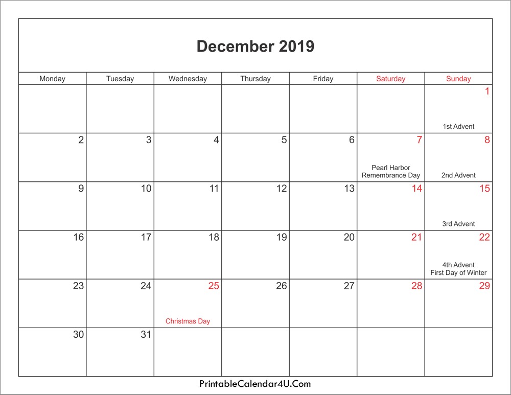 December Calendar 2019 Printable December 2019 Calendar Printable with Holidays Pdf and Jpg