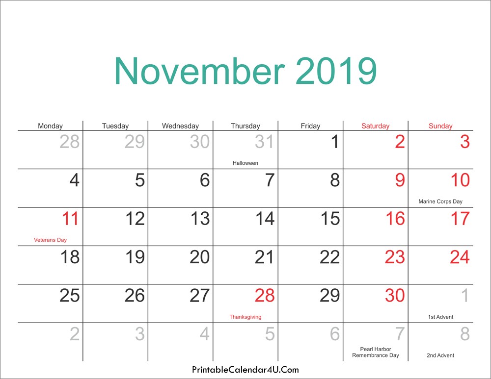 November Calendar 2019 Printable November 2019 Calendar Printable with Holidays Pdf and Jpg