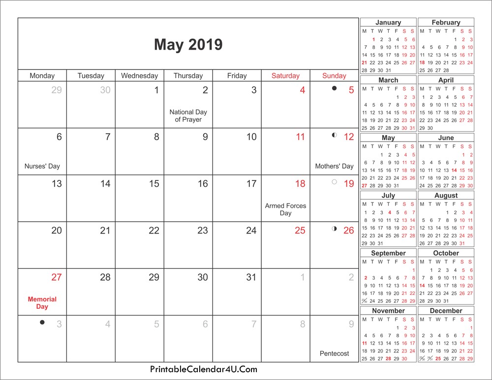 may 2019 calendar printable holidays