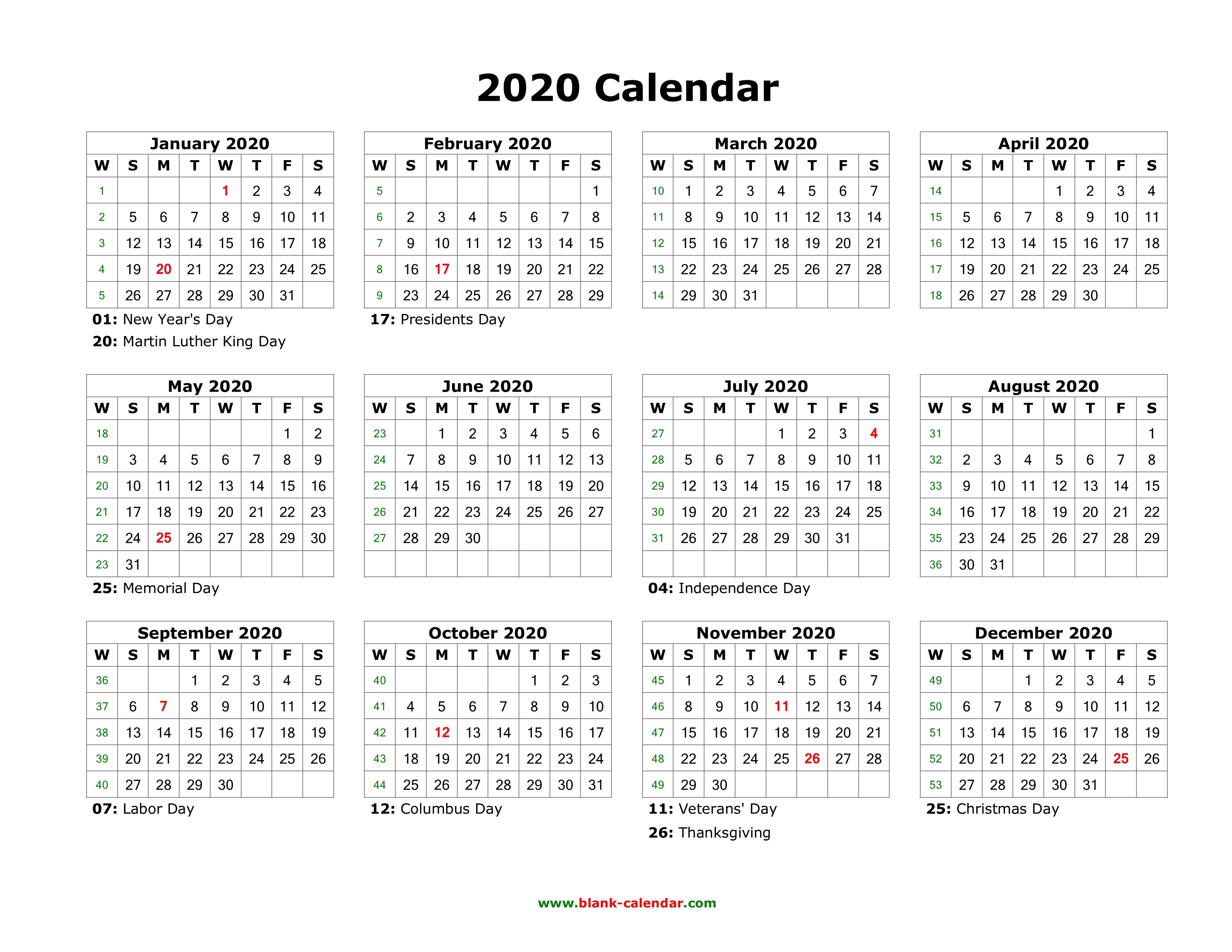 Best Of 2020 Calendar with Holidays Printable | Free ...