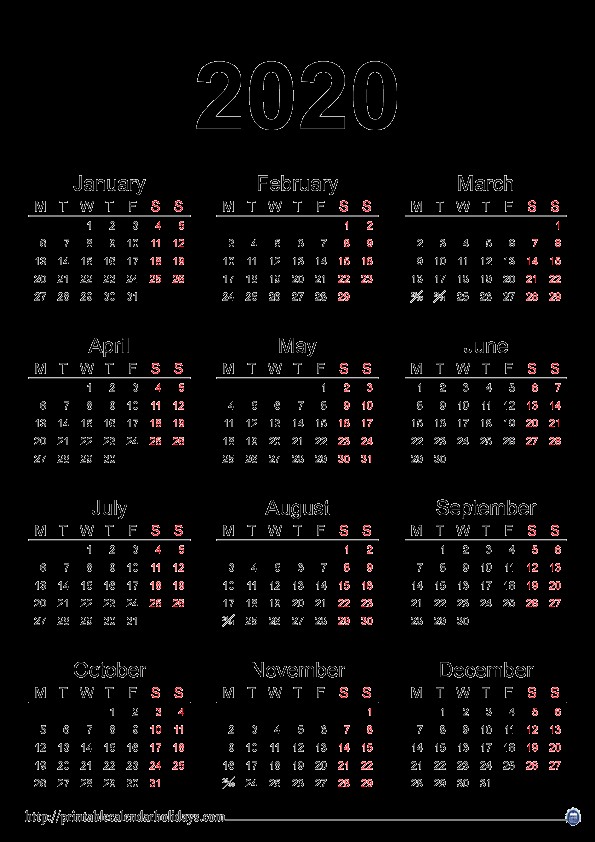2020 yearly calendar printable