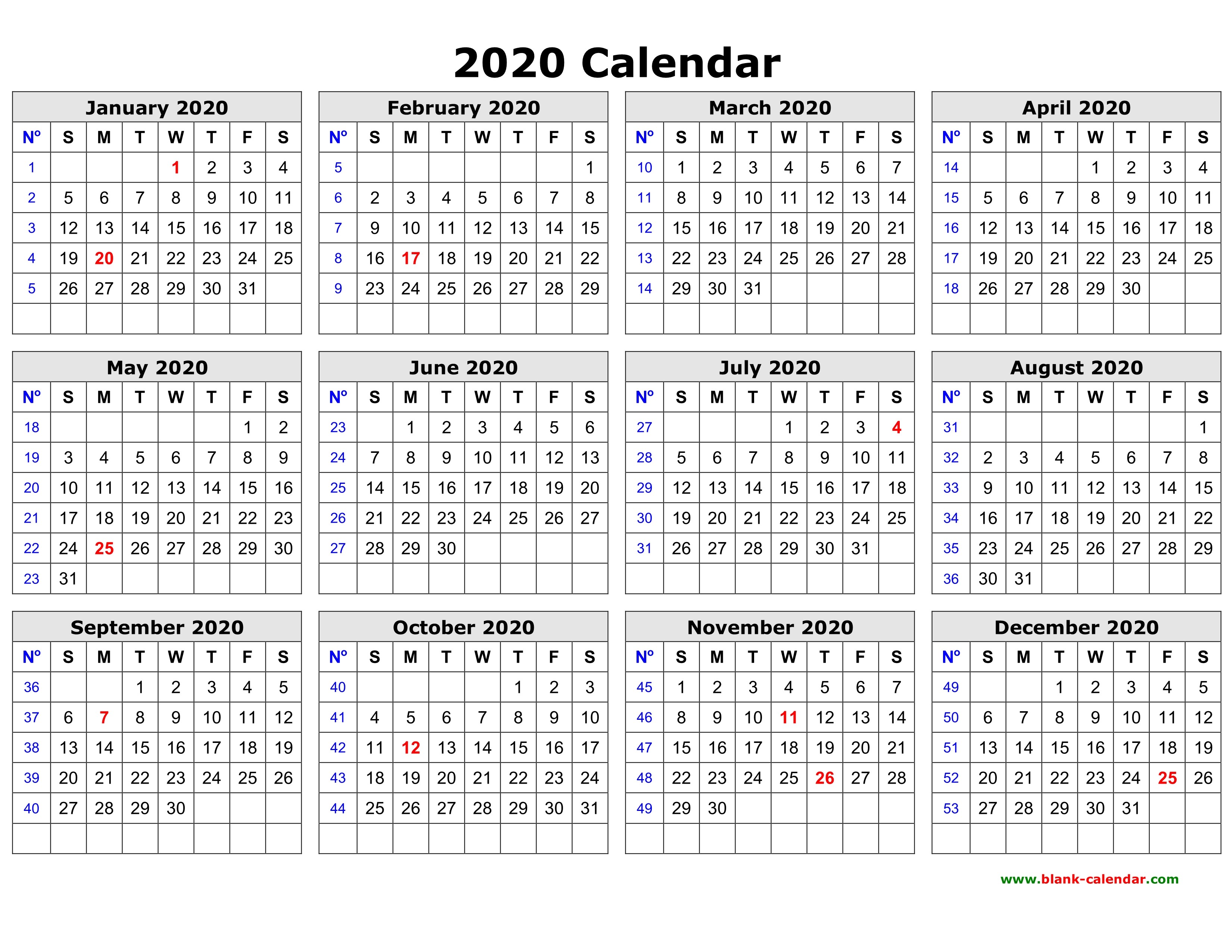 Calendars 2020 Printable Free Free Download Printable Calendar 2020 In One Page Clean