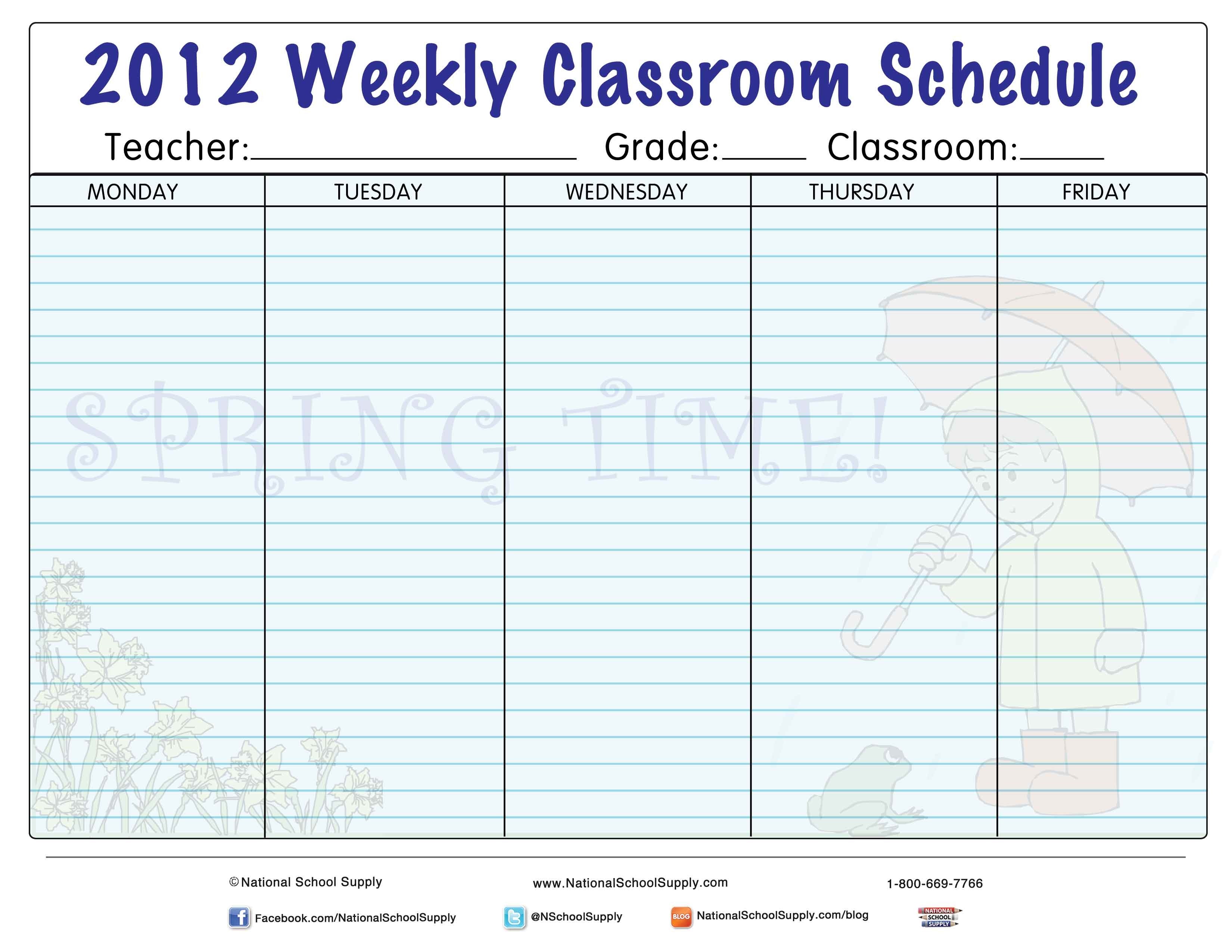 new printable spring themed weekly classroom calendar