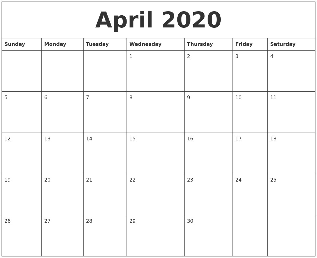 Printable Blank Calendars 2020 April 2020 Blank Monthly Calendar Template