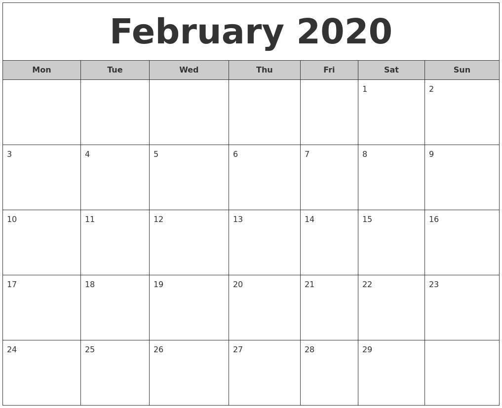 february 2020 free monthly calendar