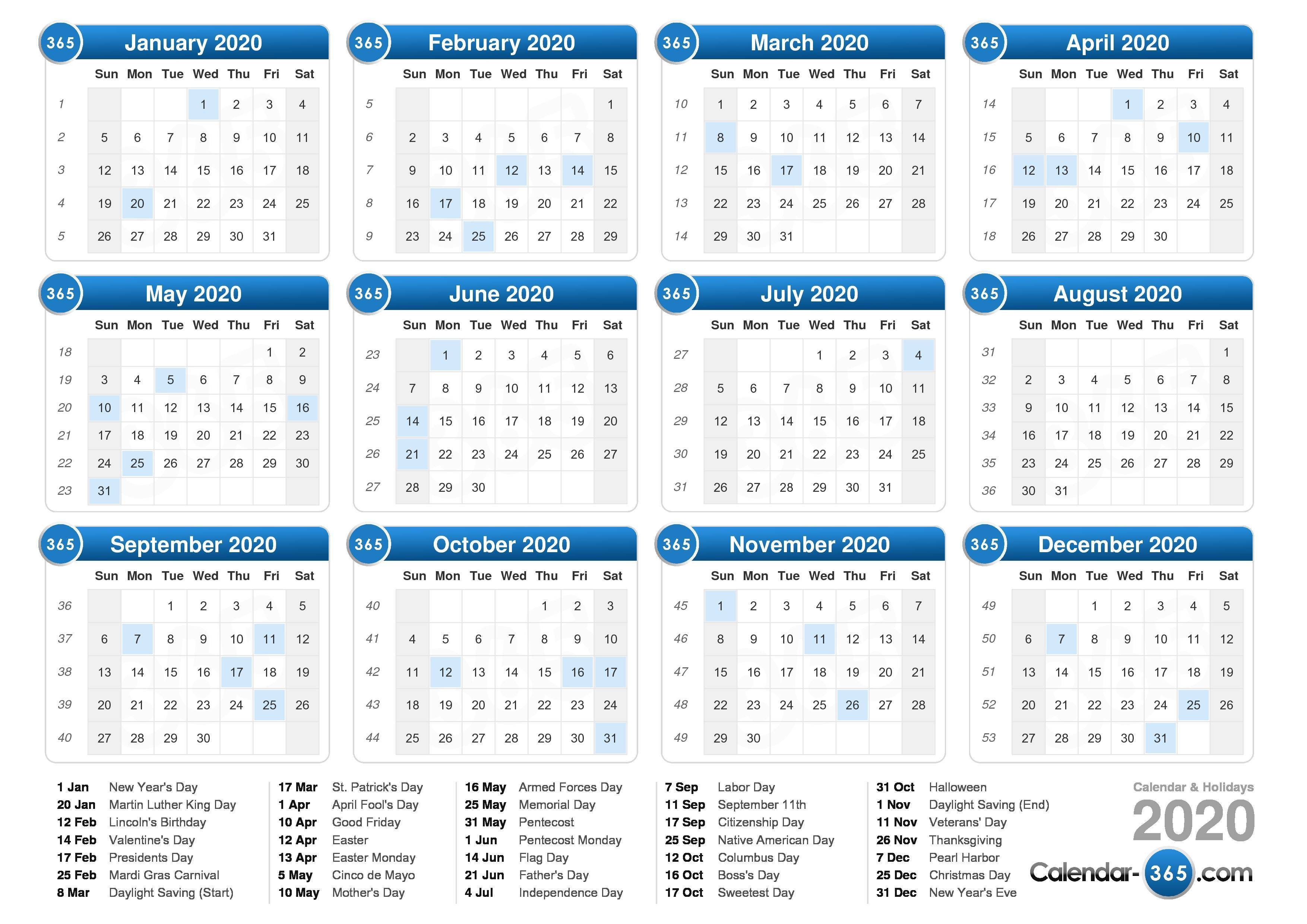 2020 Yearly Calendar with Holidays Printable 2020 Calendar