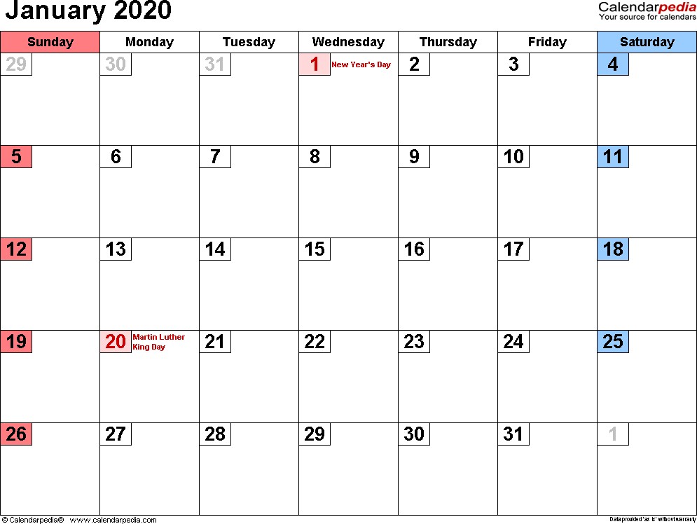 january 2020 calendar