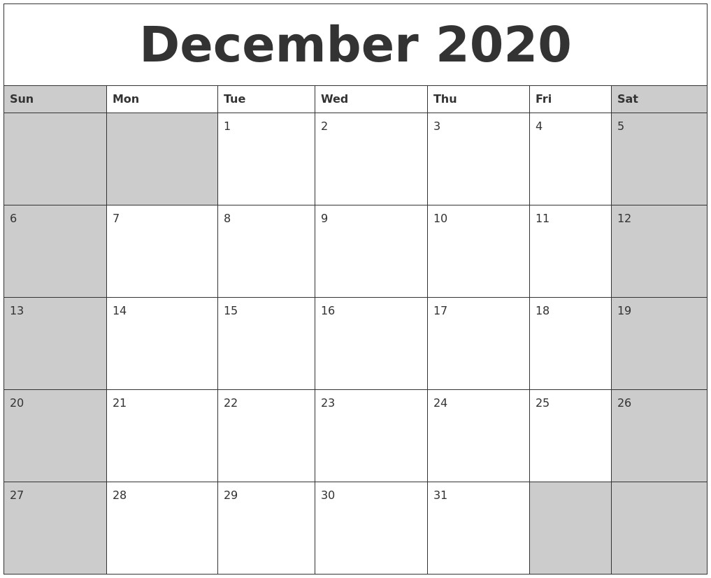 Dec 2020 Calendar Printable December 2020 Calanders