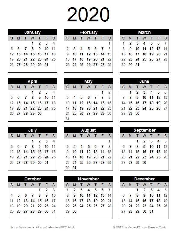 Printable Calendar 2020 Free 2020 Calendar Templates and