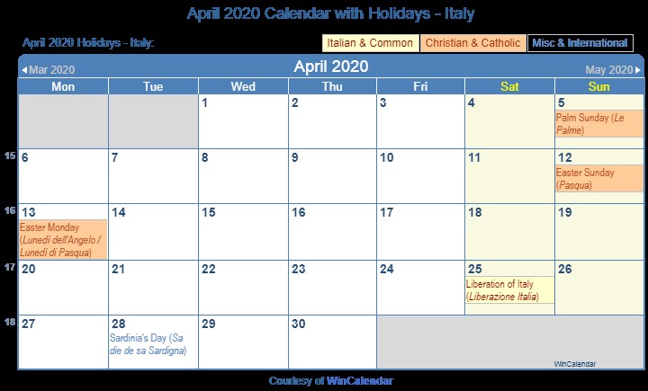 Printable Calendar for April and May 2020 Print Friendly April 2020 Italy Calendar for Printing