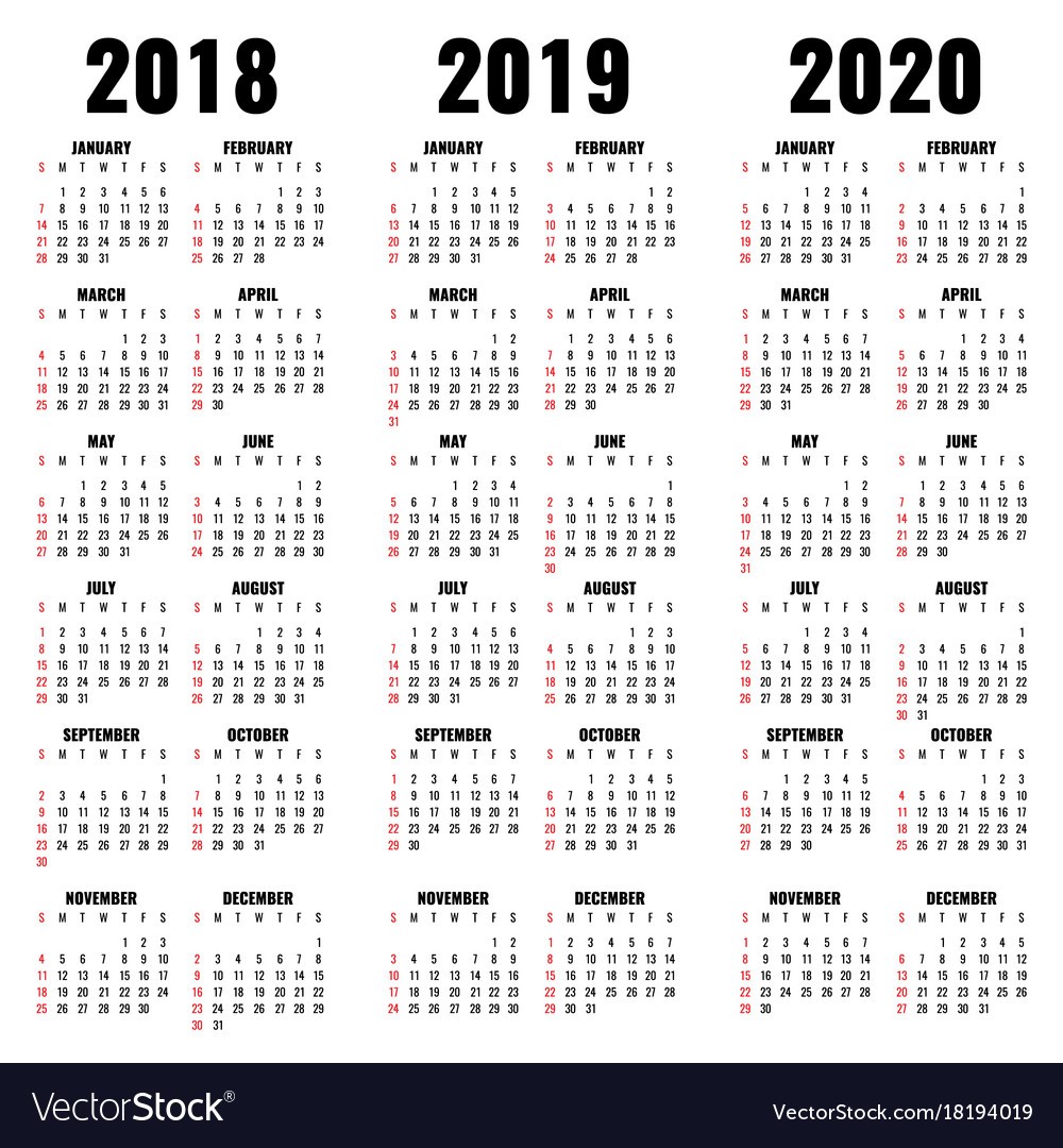 calendar template 2018 2019 and 2020 years vector