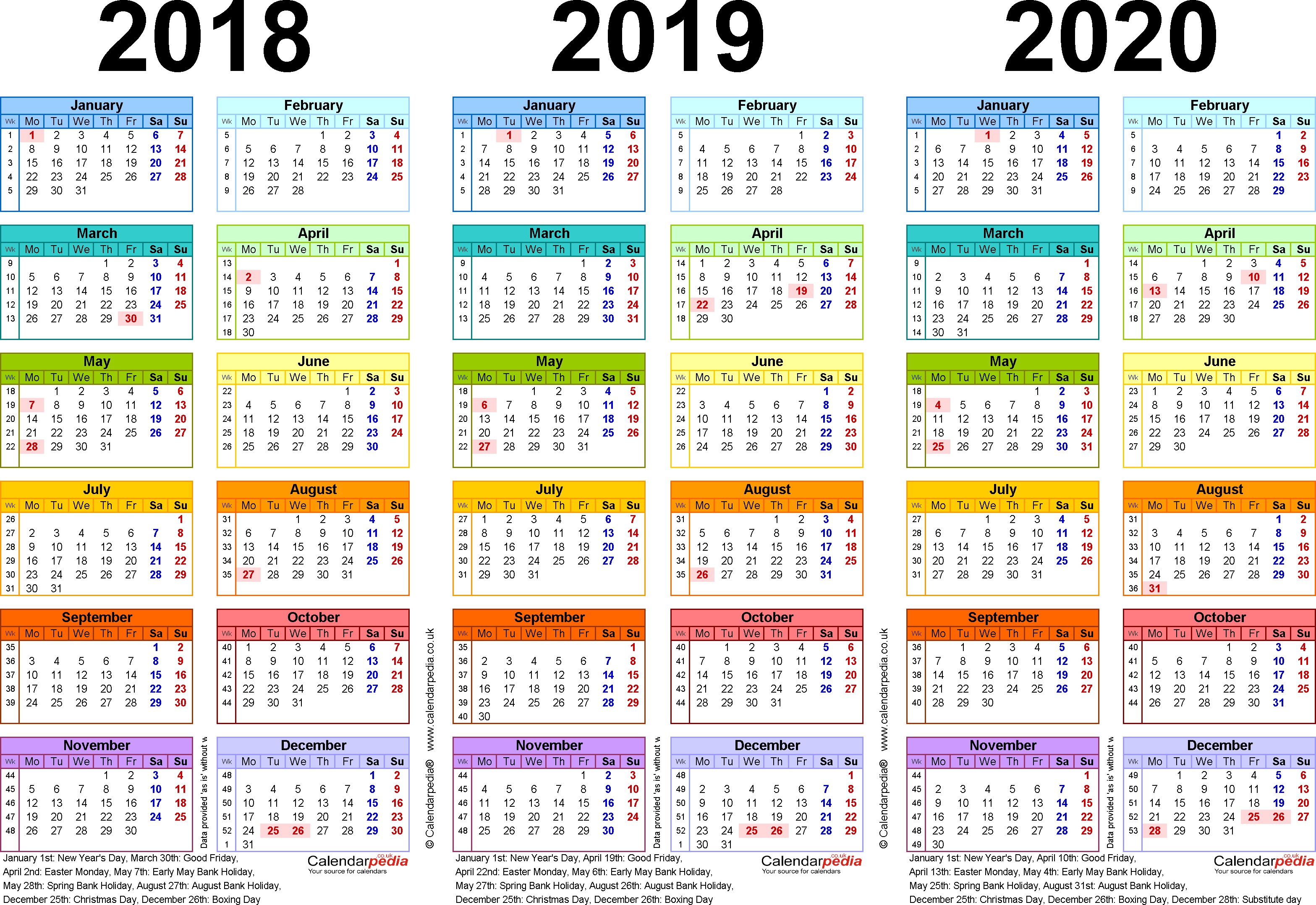 three year calendar 2018 2019 2020 excel templates