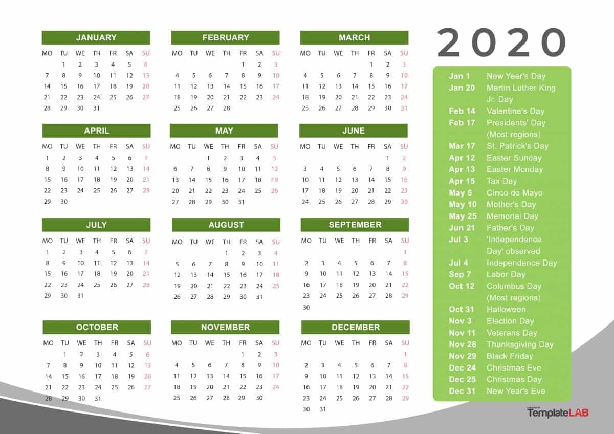 12 months 2020 printable calendar with holidays