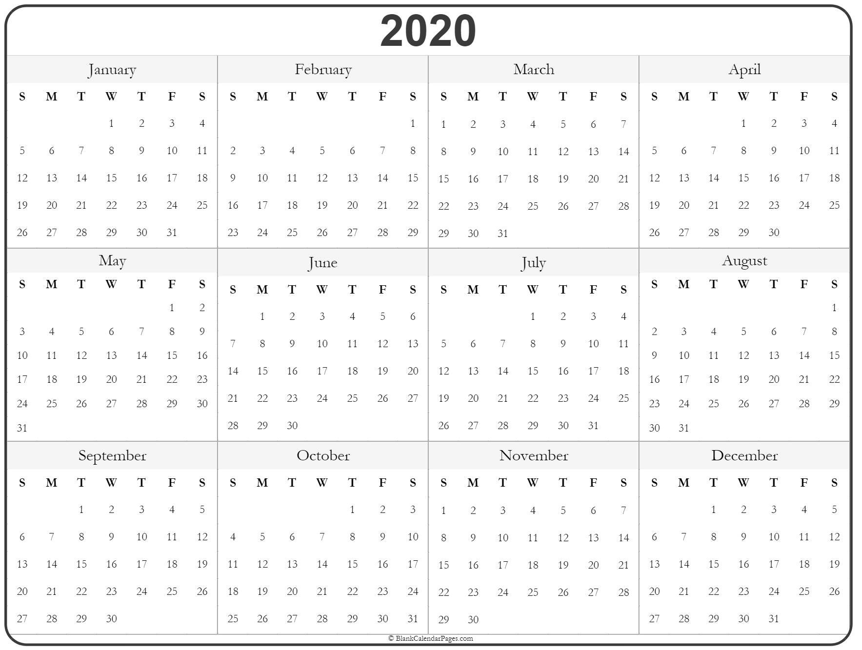 Yearly Calendar 2020 Printable 2020 Year Calendar