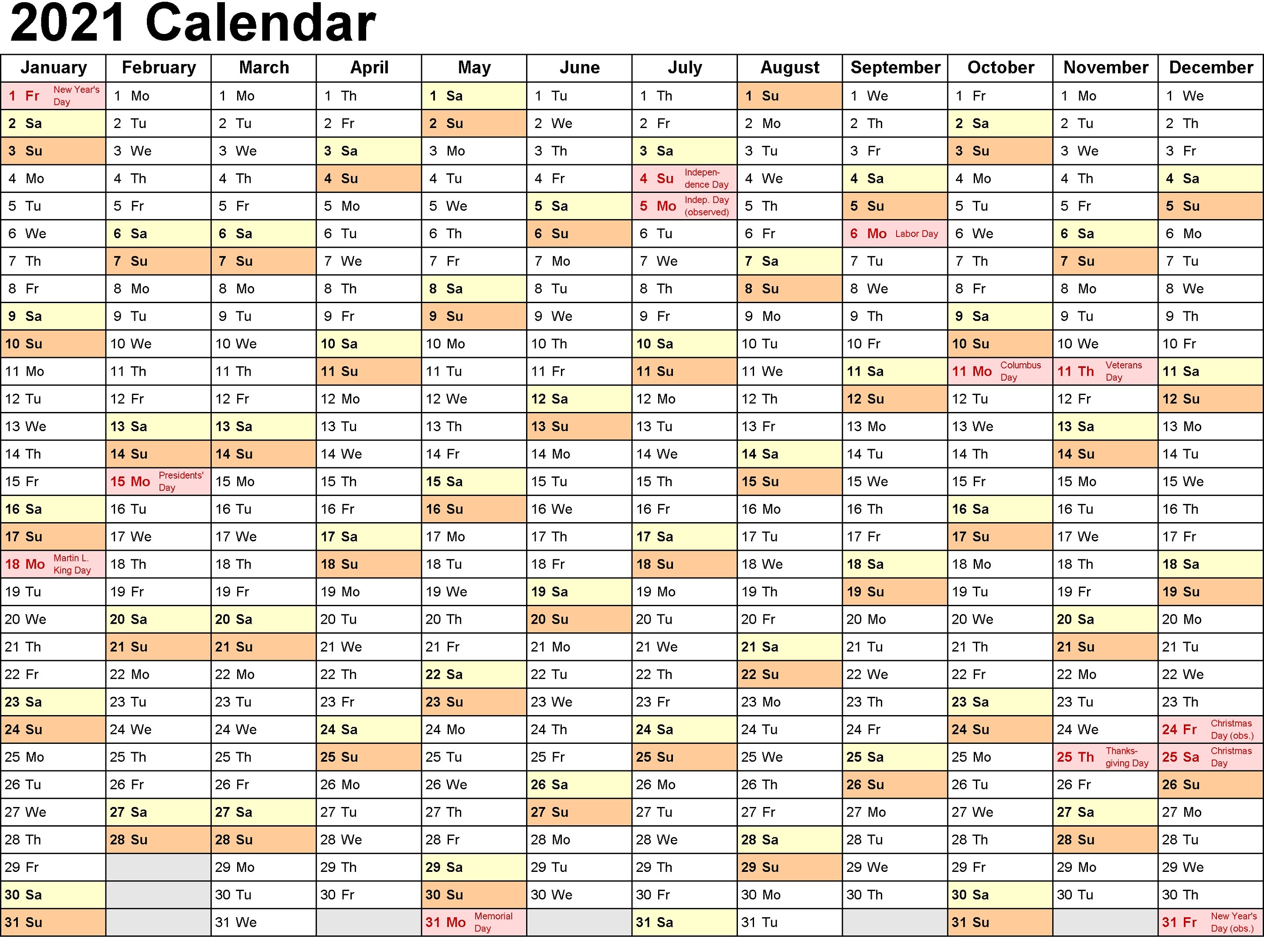 2021 Printable Calendar Template 12 Month Free Printable